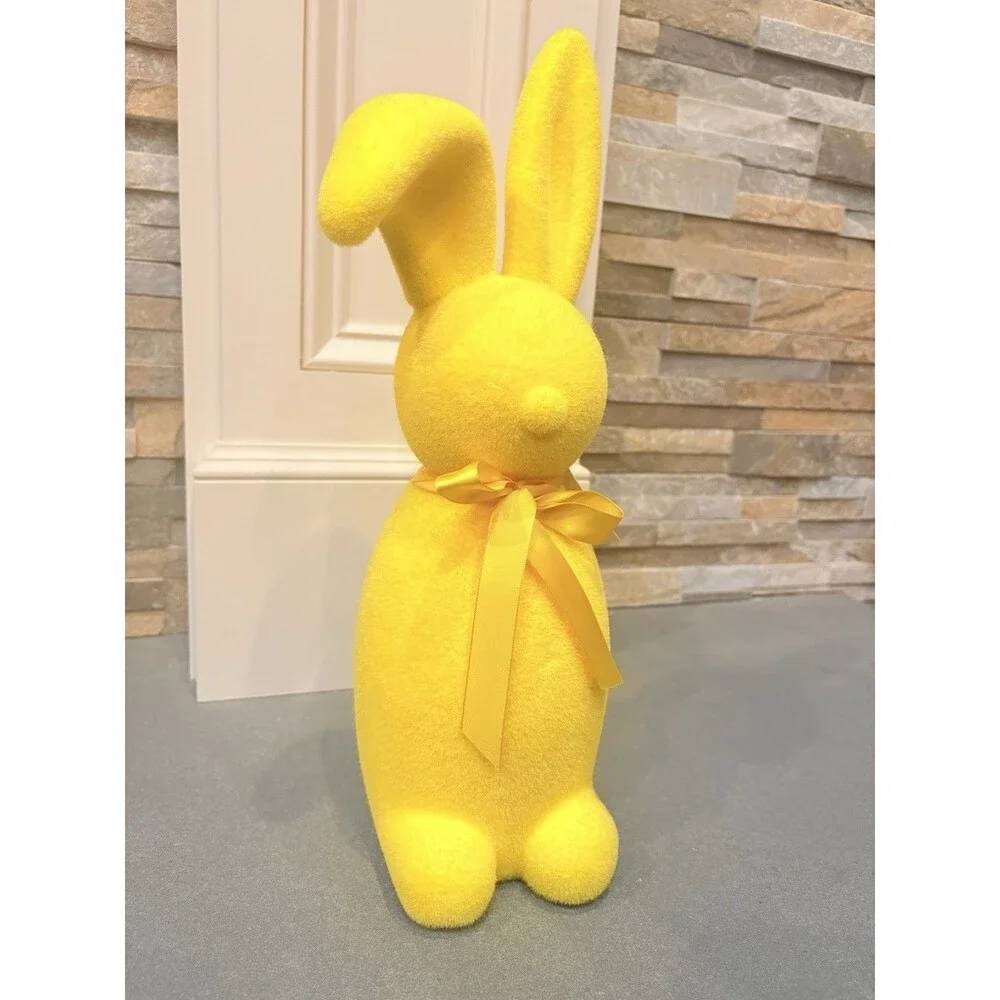 At Home Bunny Brights Easter Yellow Flocked Bunny Figurine Seasonal Decor 15”